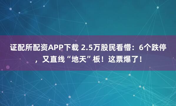 证配所配资APP下载 2.5万股民看懵：6个跌停，又直线“地天”板！这票爆了！